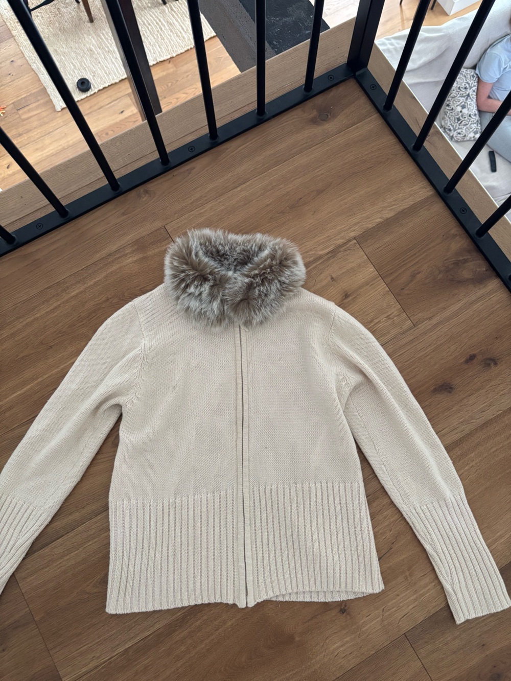 Kathie Lee Collection Cream Knit Cardigan with Faux Fur Collar